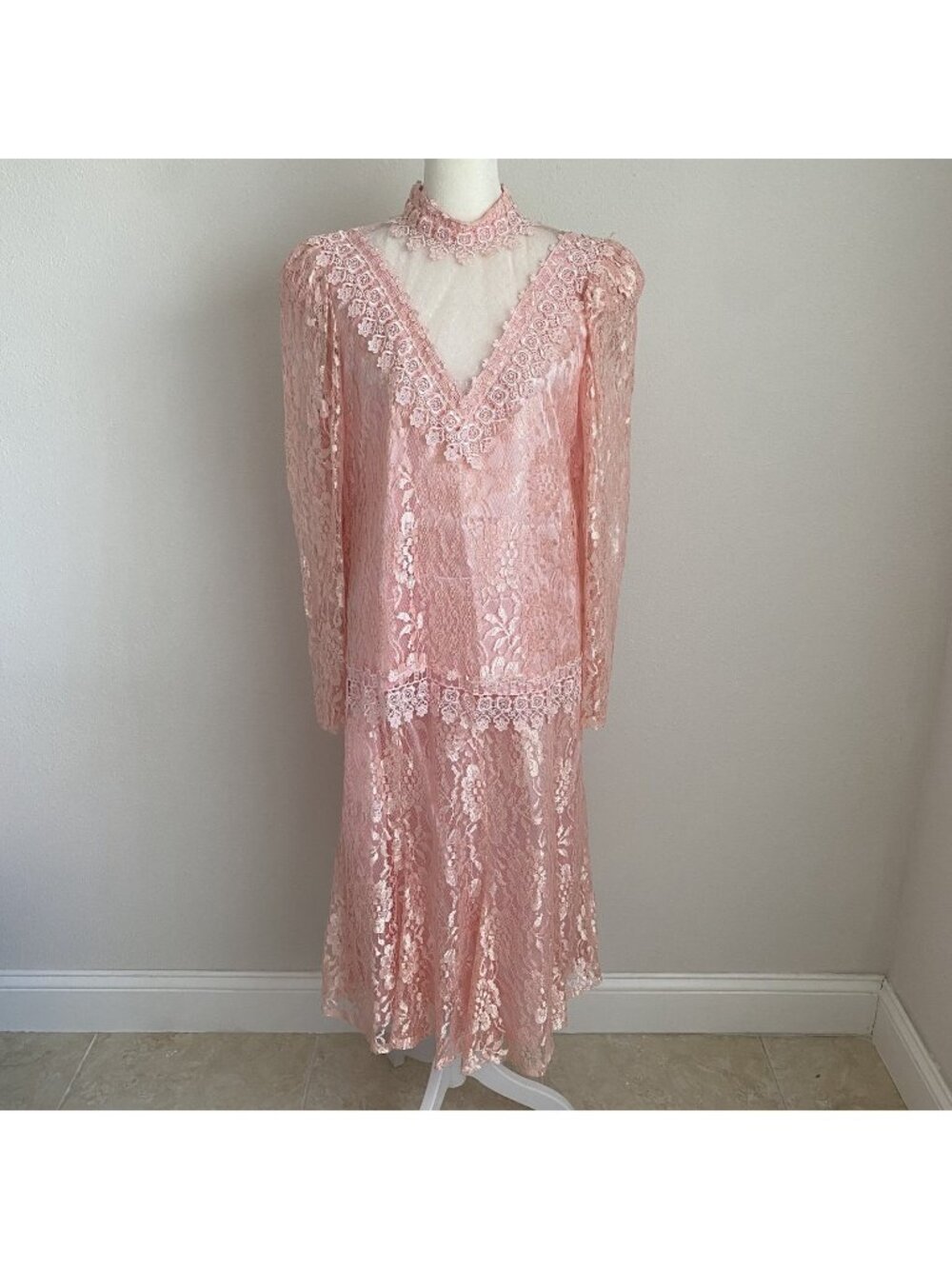 Vintage Bo-Art Fashions Womens 13/14 Pastel Pink Lace 2-Pc Top Skirt Set
